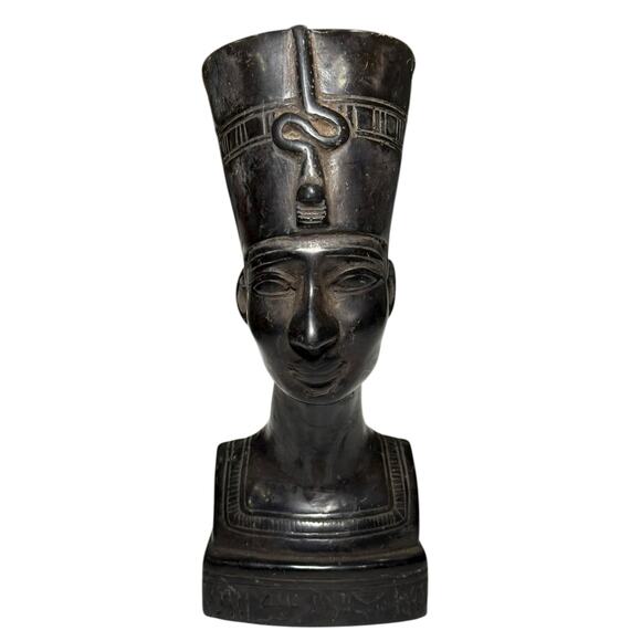 Egyptian King Tut Queen Nefertiti Bust Set Carved Stone Hieroglyphic Black Decor - Picture 8 of 16